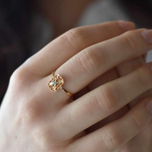 Art Deco Gold Ring, Genuine Emerald Stone Ring, Vintage Style Rings, Vermeil Jewelry, Gemstone Jewellery, Adjustable Size, Gift For Her