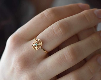 Anillo de oro Art Déco, anillo de piedra esmeralda genuina, anillos de estilo vintage, joyería vermeil, joyería de piedras preciosas, tamaño ajustable, regalo para ella