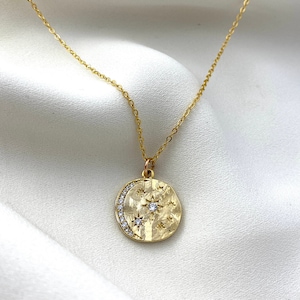 Stars and Moon Medallion Necklace, Gold Star Celestial Necklace, Coin Hammered Medallion Jewelry, Moon Necklace, For Her, Gift Idea For Her