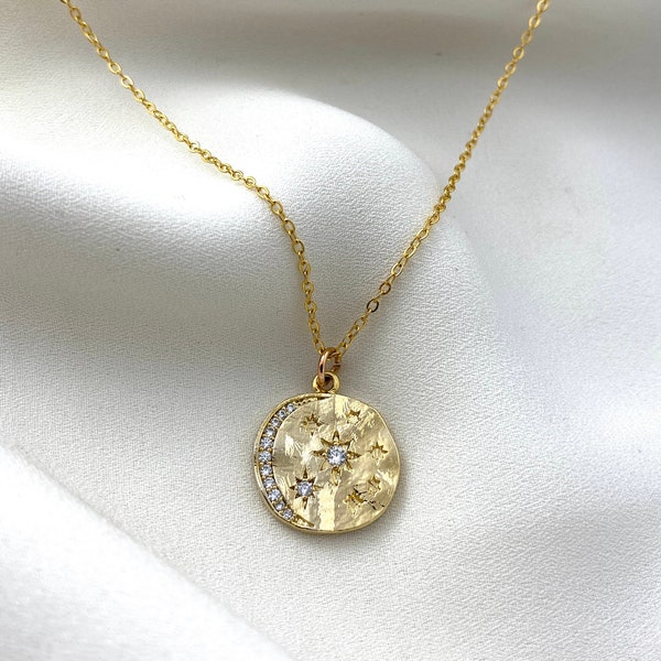 Collier Médaillon Rond, Cristal, Zircone cubique, Collier étoile et croissant de lune, Disque or frappé, Cadeau femme, Céleste, Parure