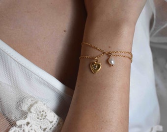 Dainty Charm Bracelet, Cubic Zirconia Pendant, Heart Charm, Pearl Pendant, Delicate Gold Bracelet, Jewelry Set Gift, Elegant Git