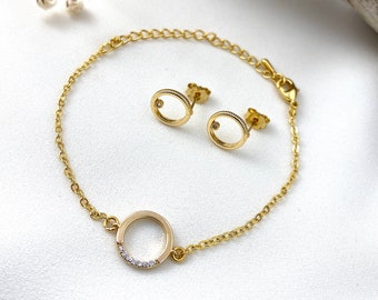 Eternity Circle Earrings & Bracelet, Simple Gold Jewelry,Delicate Jewelry, Simple Bracelet, Modern Earrings, Jewelry Set, Elegant Gift Idea