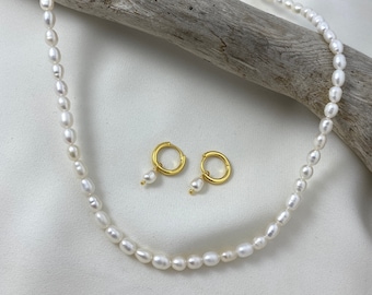 Pearl Necklace & Earrings Set, Vermeil Freshwater Pearl Huggies, Bridal Jewelry, Sterling Silver, Rice Pearl Necklaces, Gift Set For Her