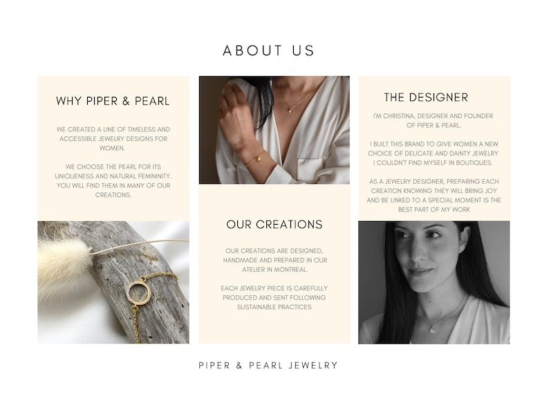 Handmade and dainty jewelry made in Montreal by Piper & Pearl Jewelry. Feminine, modern and delicate, perfect for a gift for her. Collections of costume, vermeil and fine jewelry. Seashell and pearl gold charm bracelet with beachy and boho vibes.