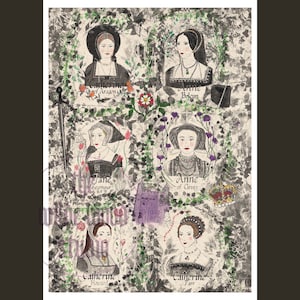 Tudor Wives  - Unique Art print - Historical -  Hand Drawn