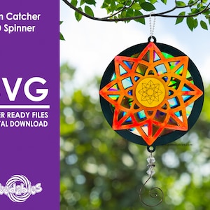 May include: A colorful sun catcher CD spinner with a starburst design. The spinner is made from a CD and has a crystal bead hanging from it. The text "Sun Catcher CD Spinner" and "SVG Laser Ready Files Digital Download" is visible in the image.