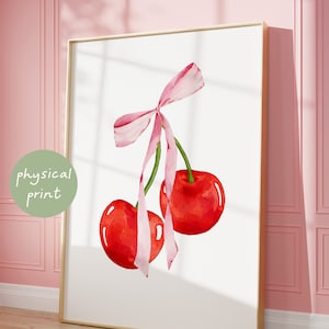 Art de noeud de cerise, impression physique, affiche rose de coquette, décoration de chambre à coucher de fille tendance, déco d'appartement d'université preppy, art mural esthétique de fruit