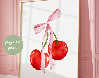 Cherry Bow Art, Physical Print, Coquette Pink Poster, Trendy Girl Bedroom Decor, Preppy College Apartment Decor, Aesthetic Fruit Wall Art