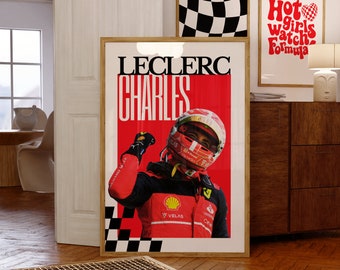 Charles Leclerc Formula 1 Poster, Printable F1 Wall Art, Scuderia Ferrari, Trendy Aesthetic Race Day Decor, Retro Style Driver Digital Print