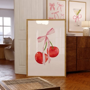 Impresión de arte de arco de cereza, cartel rosa coqueta imprimible, decoración de dormitorio de niña de moda, decoración de apartamento universitario preppy, arte estético de la pared de frutas