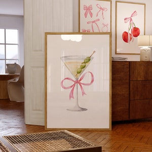 Martini Bow Art Print, Printable Coquette Poster, Trendy Girl Bedroom Decor, Preppy College Kitchen Bar Cart Decor, Cute Aesthetic Wall Art
