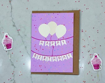 Cute Birthday Card | Happy Birthday Banner with Confetti Greeting Card | Birthday Greeting Card | Pink Birthday Card | Special Occasion Card