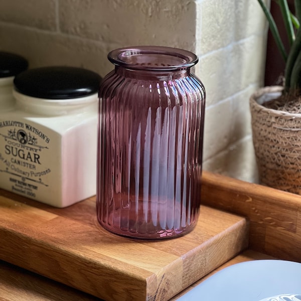 Purple ribbed glass vase, Simplistic glass vase, Purple glass jar vase, Ribbed glass vase, Glass vase, Purple flower vase.