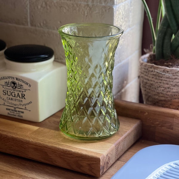 Lime green glass vase, Diamond pattern glass vase, Green glass vase, Lime green flower vase, Coloured glass vase.