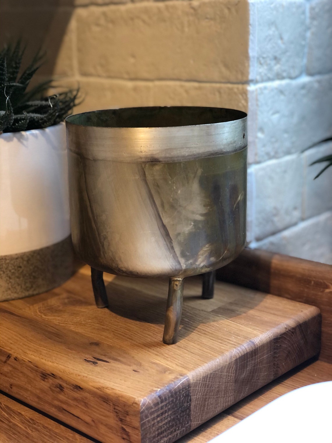 Metal planter on legs Metal plant pot Green planter Gold Etsy