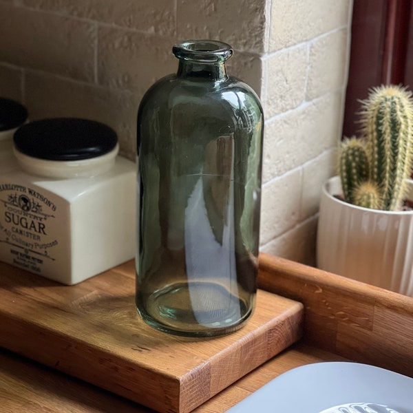 Tall green glass bottle vase, vintage glass vase, Rustic bottle vase, Glass bottle vase, Dried flower vase, Tall glass vase.