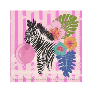 May include: A black and white zebra with a pink bubble blowing out of its mouth. The zebra is surrounded by tropical flowers and leaves on a pink and white striped background.