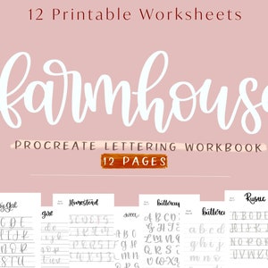 Farmhouse Procreate Digital Lettering Workbook, 12 Worksheets with 6 Uppercase and Lowercase Practice Lettering Worksheets, Textured