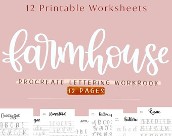 Farmhouse Procreate Digital Lettering Workbook, 12 Worksheets with 6 Uppercase and Lowercase Practice Lettering Worksheets, Textured