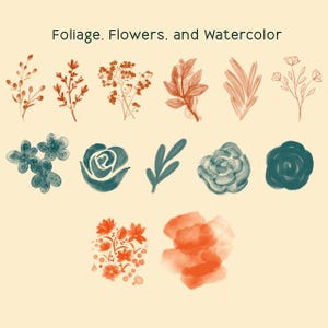 May include: Watercolor illustrations of various floral elements in shades of teal, orange, and brown. The image includes sprigs, leaves, and flower clusters, with the text "Foliage. Flowers. and Watercolor" at the top.