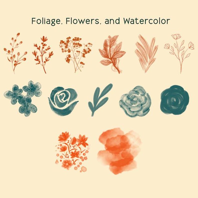 May include: Watercolor illustrations of various floral elements in shades of teal, orange, and brown. The image includes sprigs, leaves, and flower clusters, with the text "Foliage. Flowers. and Watercolor" at the top.