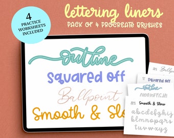 Może przedstawiać: Produkt sztuki cyfrowej wyświetlany na tablecie, zawierający cztery pędzle do pisania dla Procreate. Na ekranie widoczne są słowa "outline", "squared off", "Ballpoint" i "Smooth & Slow". Zawiera cztery arkusze ćwiczeń. Widoczny jest również tekst "lettering liners".