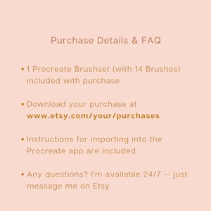 Op de afbeelding: Een tekstafbeelding met instructies voor het kopen en downloaden van een Procreate-penseelset. De afbeelding bevat de tekst "Purchase Details & FAQ" en "www.etsy.com/your/purchases".