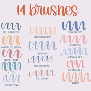 Op de afbeelding: Een grafiek met 14 verschillende penseelvormen voor kalligrafie en lettertypen. De penseelvormen worden weergegeven als het woord "mm" geschreven in verschillende stijlen, waaronder platte kalligrafie, vette kalligrafie, moderne kalligrafie, zware textuur, glitter, dunne letters, dikke textuur, aquarel, inktvlek, dunne kalligrafie, dunne textuur en lint.