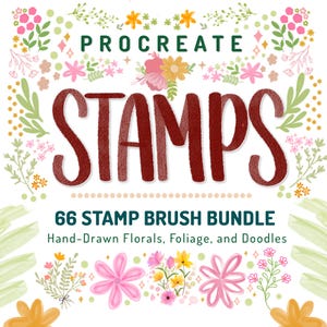 May include: A digital art graphic featuring the word "STAMPS" in a large, textured, burgundy font. The text is surrounded by floral illustrations and the words "PROCREATE" and "66 STAMP BRUSH BUNDLE". The image promotes hand-drawn floral, foliage, and doodle brushes.