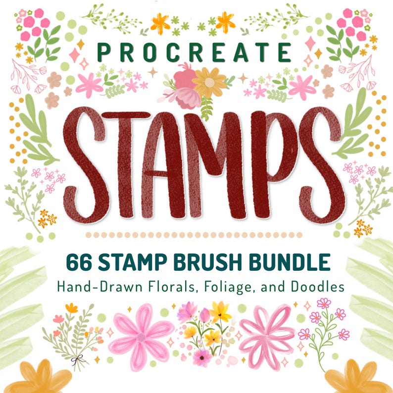 May include: A digital art graphic featuring the word "STAMPS" in a large, textured, burgundy font. The text is surrounded by floral illustrations and the words "PROCREATE" and "66 STAMP BRUSH BUNDLE". The image promotes hand-drawn floral, foliage, and doodle brushes.
