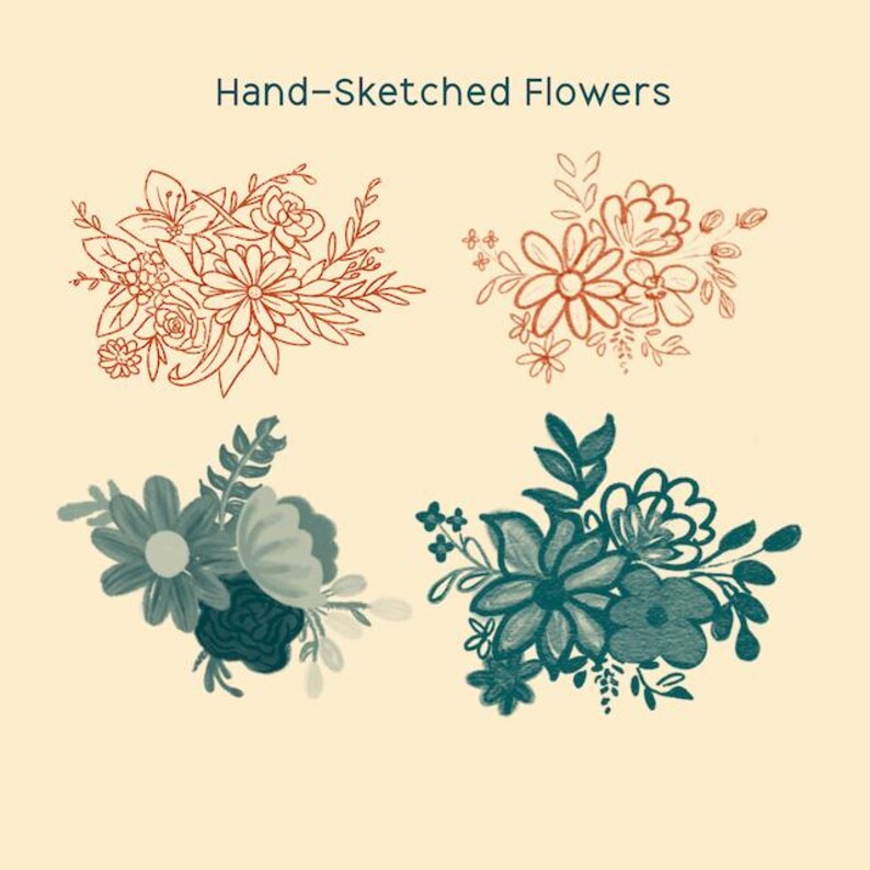 May include: Four hand-sketched floral arrangements in shades of rust and teal on a cream background. The text "Hand-Sketched Flowers" is at the top. The floral designs include various flower types and foliage, with a hand-drawn aesthetic.