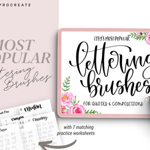 7 Procreate Calligraphy Brushes and Lettering Guide, iPad Lettering Brushes and Calligraphy Workbook, Brush Lettering Bundle for Beginners