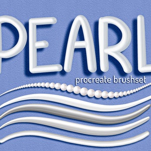 May include: Digital graphic featuring the word "PEARL" in white, 3D lettering. Below are curved lines and a string of pearls, set against a textured blue backdrop. The text "procreate brushset" is also included in the design.