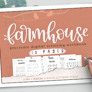 6 Procreate Brushes and Lettering Worksheets, Farmhouse Modern Lettering Worksheets & Practice Calligraphy Printable Worksheets