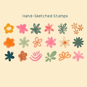 May include: A collection of hand-sketched flower stamps in various colors, including orange, pink, green, and brown, arranged on a cream-colored background. The text "Hand-Sketched Stamps" is at the top.