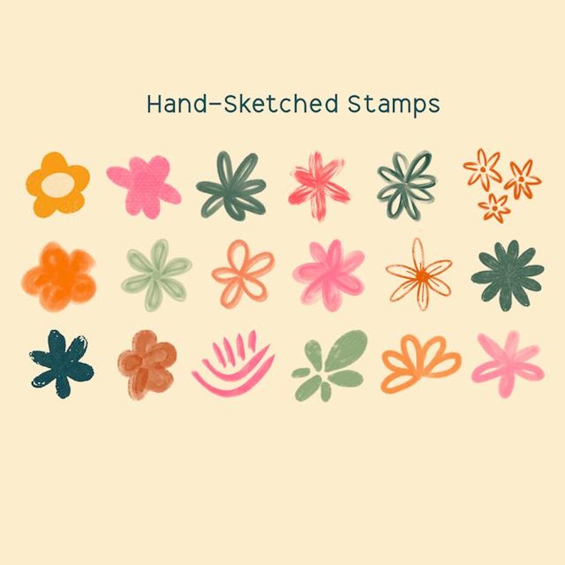 May include: A collection of hand-sketched flower stamps in various colors, including orange, pink, green, and brown, arranged on a cream-colored background. The text "Hand-Sketched Stamps" is at the top.