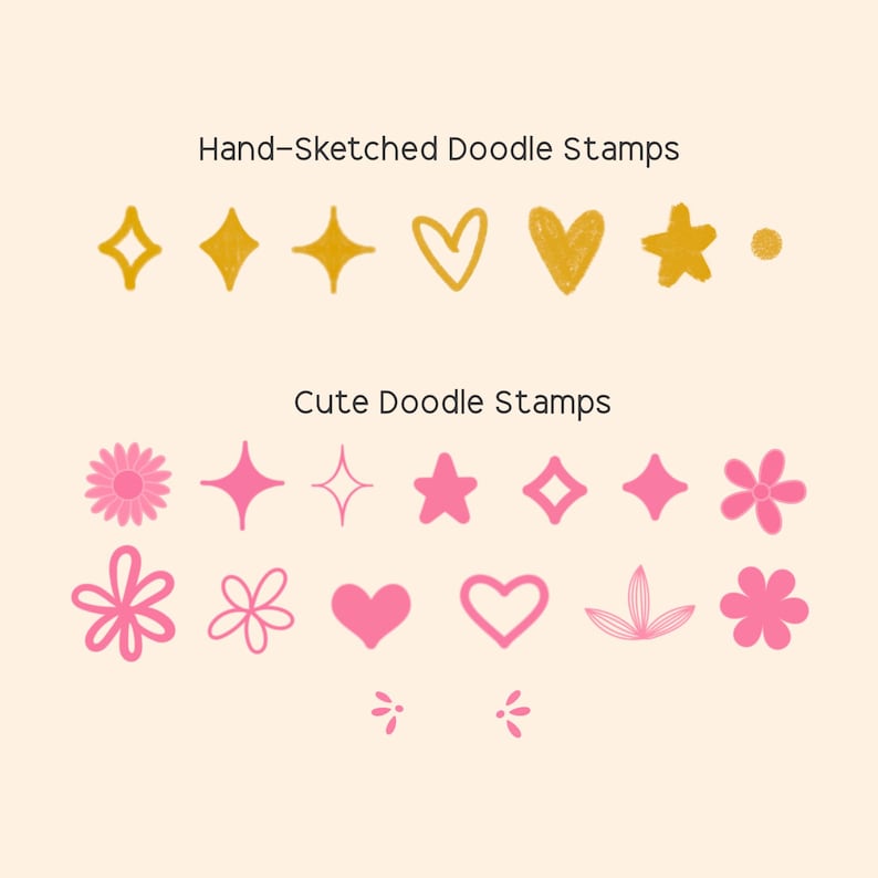 May include: A collection of hand-sketched and cute doodle stamps in gold and pink. The stamps include stars, hearts, flowers, and other shapes. The text "Hand-Sketched Doodle Stamps" and "Cute Doodle Stamps" are displayed above the stamp designs.