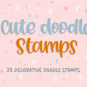 May include: A pink background with a scattered pattern of white snowflakes, stars, hearts, and diamonds. The text "cute doodle stamps" is written in blue and orange. Below the text is the phrase "25 decorative doodle stamps" in black.