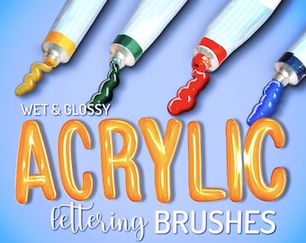 May include: Wet & Glossy Acrylic lettering brushes. Four tubes of paint in yellow, green, red, and blue are squeezed out, showing the wet, glossy paint.