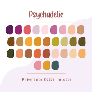 Peut inclure: Une palette de couleurs numérique avec 30 échantillons de couleurs dans différentes nuances de violet, rose, marron, orange, jaune, vert et beige. La palette est intitulée "Psychedelic" et "Procreate Color Palette".
