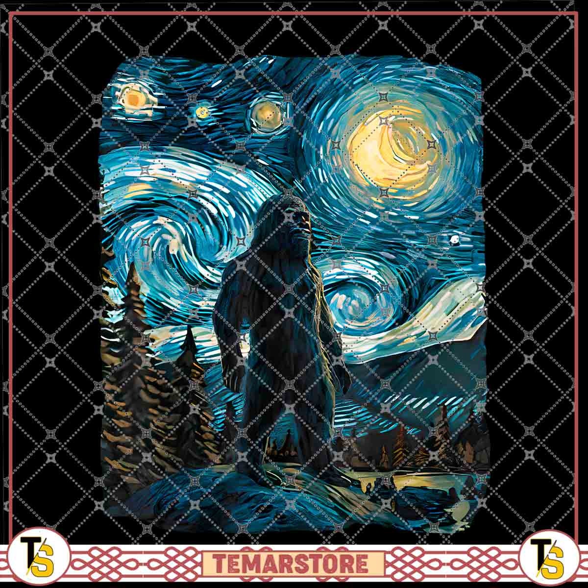 Bigfoot Starry Night Sasquatch Van Gogh Sky Painting Art Vector