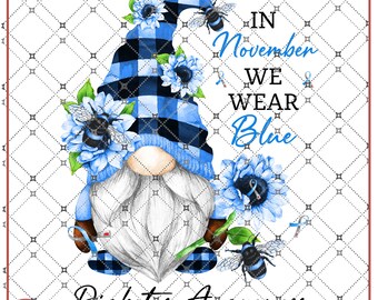 Diabetes Awareness Blue Gnome Flowers And Ribbons In November We wear Blue PNG file, Sublimation Designs, digital Download, SB design