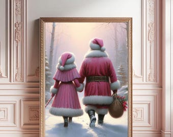 Vintage Mr and Mrs Clause Oil Painting: Pink Christmas Decor (Digital Download)