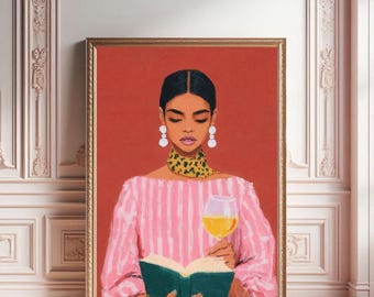 Wine and Reading Print: Drinking and Book Wall Art (Digital Download)