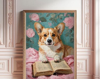 Corgi Reading Book Print: Fun Animal Wall Art (Digital Download)