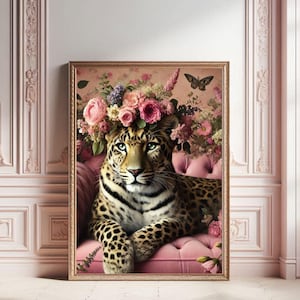 Leopard with Floral Crown Art Print: Funky Animal Portrait (Digital Download)