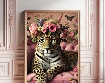 Leopard with Floral Crown Art Print: Funky Animal Portrait (Digital Download)