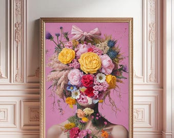 Floral Head Print: Woman with Flowers and Bow (Digital Download)
