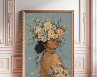 Floral Head Woman:Abstract Flower Woman, Pastel Blue (Digital Download A3/A4/A5)