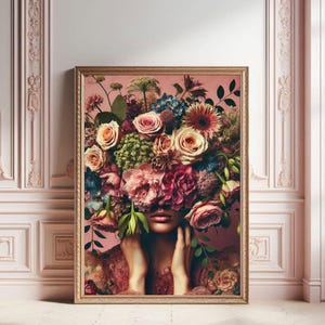 花の頭を持つ女性 | リボン付きの花の頭 | 花の頭 | 花柄 | コケット | 抽象 | AI | ダウンロードして印刷